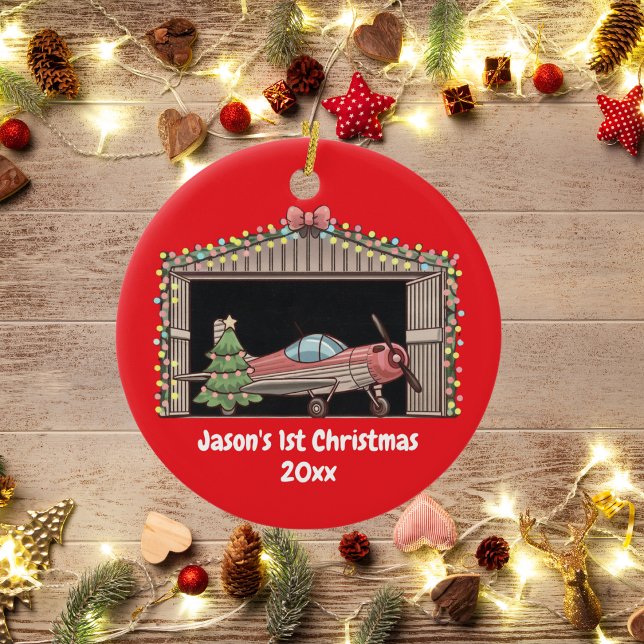 First Christmas Red Airplane Tree Hangar Pilot Boy Ceramic Ornament (Creator Uploaded)