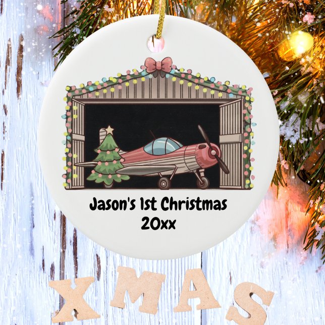 First Christmas Red Airplane Tree Hangar Pilot Boy Ceramic Ornament (Creator Uploaded)