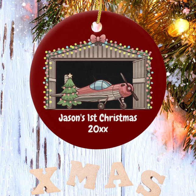First Christmas Red Airplane Tree Hangar Pilot Boy Ceramic Ornament (Creator Uploaded)