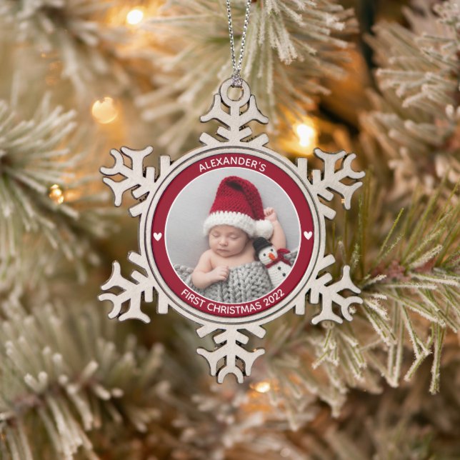 First Christmas Red Baby Photo Personalized Snowflake Pewter Christmas Ornament (Tree)