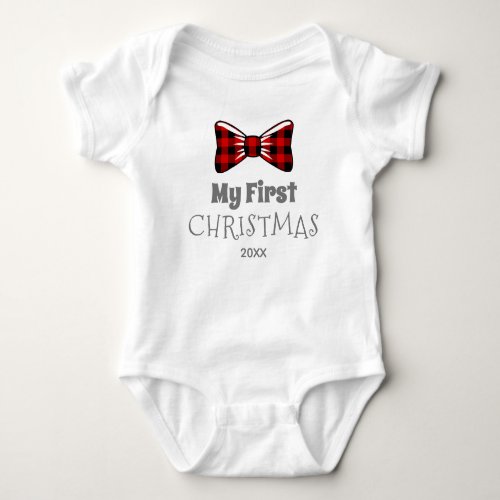 First Christmas Red Black Plaid Bow Tie Baby Bodysuit