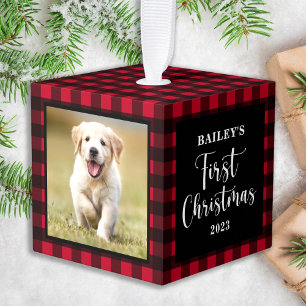 First Christmas Red Buffalo Plaid Puppy Dog Photo Cube Ornament