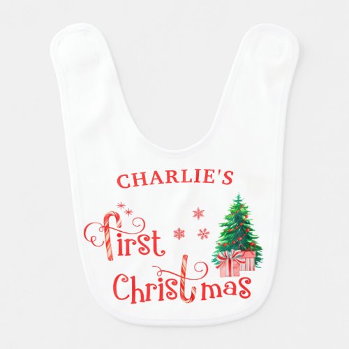 First Christmas _ Red Gifts under Christmas Tree Baby Bib