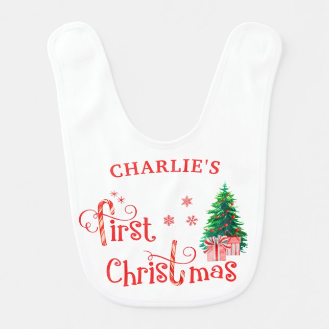 First Christmas - Red Gifts under Christmas Tree Baby Bib (Front)