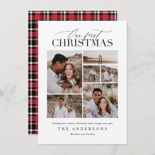 First Christmas red plaid photo collage modern Thank You Card