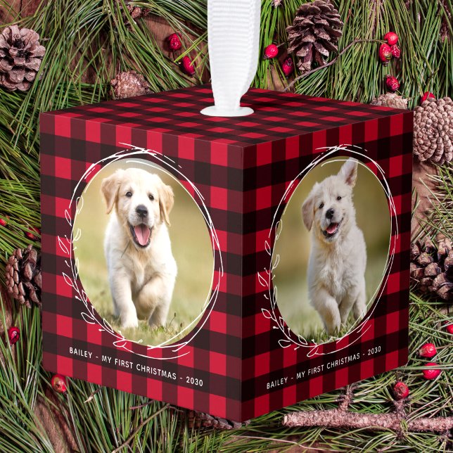 First Christmas Red Plaid Puppy Dog 4 Pet Photo Cube Ornament (Creator Uploaded)