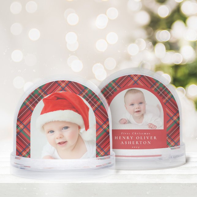 First Christmas red plaid two photo snow globe (Creator Uploaded)