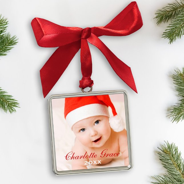 First Christmas Red Script Monogram Baby Photo Metal Ornament (Creator Uploaded)