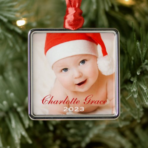 First Christmas Red Script Monogram Baby Photo Metal Ornament