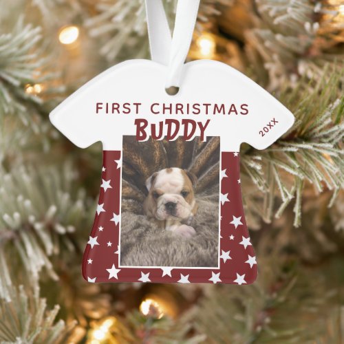 First Christmas Red Star Pattern Puppy Dog Photo  Ornament