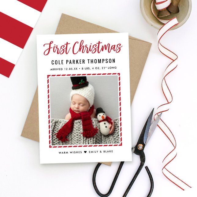 First Christmas Red Stripes Baby Photo Holiday Card (Creator Uploaded)