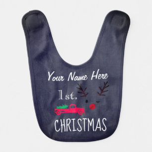 First Christmas Red Truck Deer Chalkboard Pattern Baby Bib