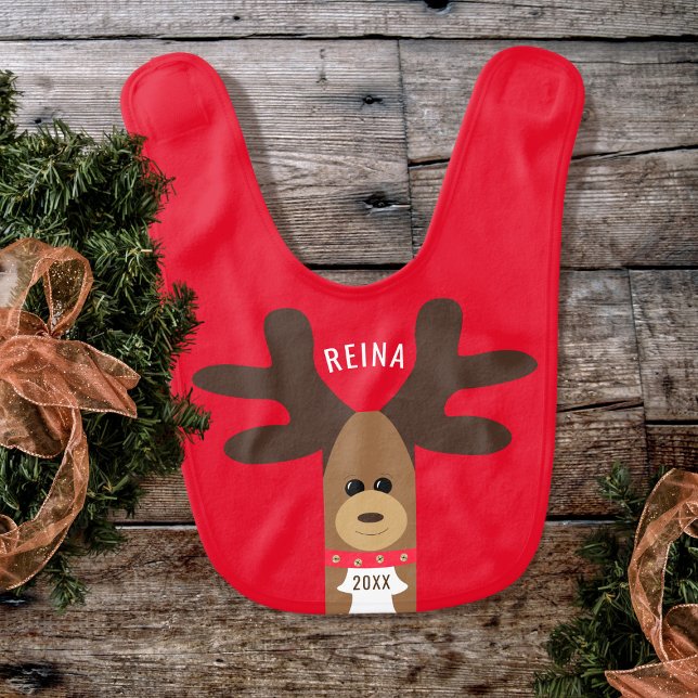 First Christmas Reindeer Boy Red Holiday Baby Bib (Creator Uploaded)