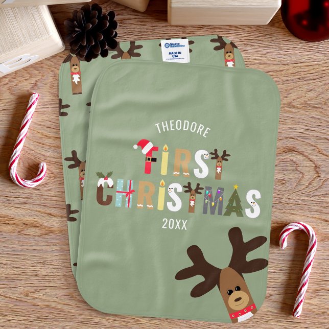 First Christmas Reindeer Green Baby Burp Cloth (A cute first Christmas doubled sided burp cloth with space for your little one's name)