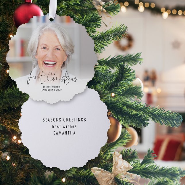 First Christmas Retired Name Year Photo Overlay Ornament Card (Front and back view)