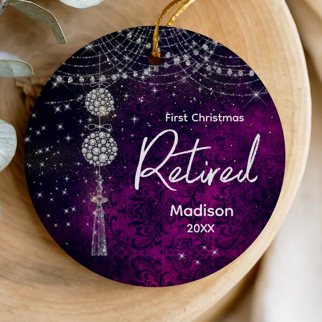 First Christmas retirement purple faux glitter Ceramic Ornament (Creator Uploaded)