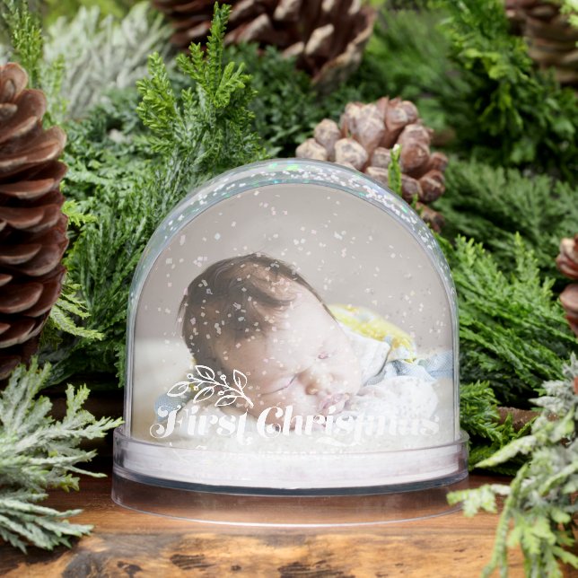 First Christmas Retro Typography Baby Photo Snow Globe (Winter)