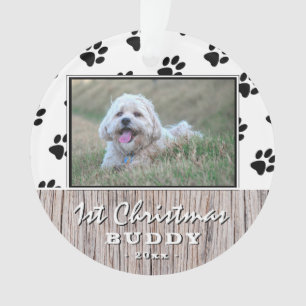 First Christmas Rustic Puppy 2 Photo Paw Pattern Ornament