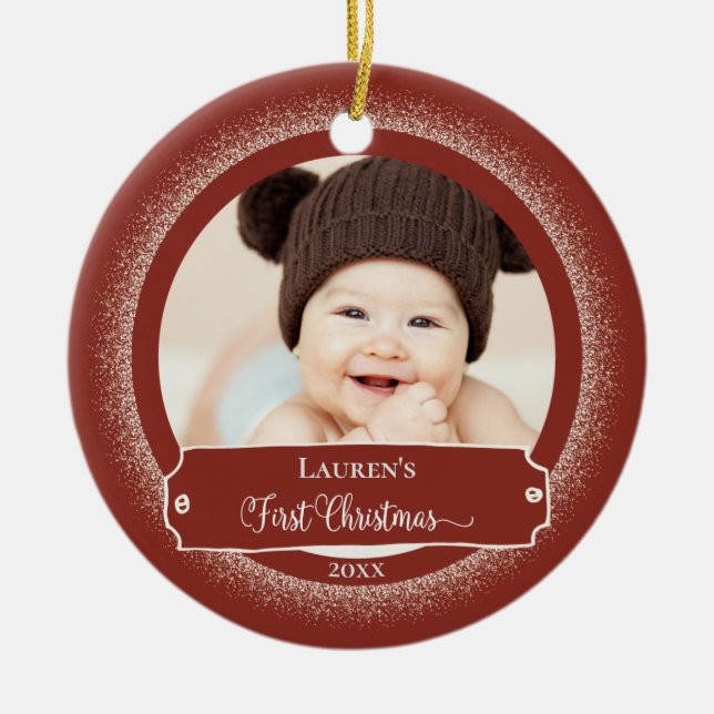 First Christmas Rustic Red Cute Baby Photo Ceramic Ornament (Front)