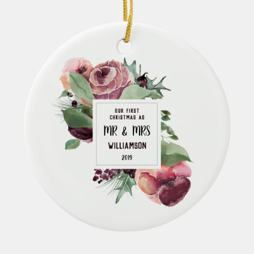 FIRST CHRISTMAS RUSTIC WATERCOLOR BOHO PHOTO CERAMIC ORNAMENT