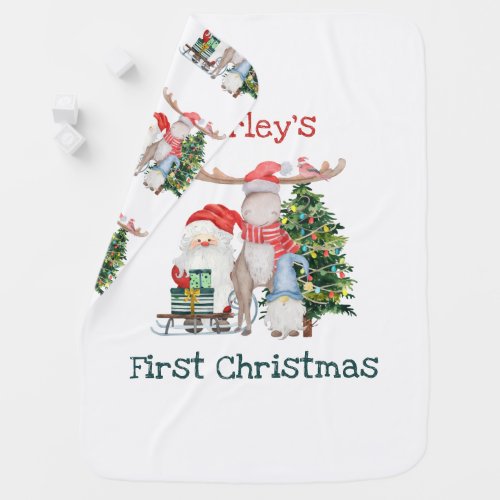 First Christmas Santa and Helpers Personalized Baby Blanket