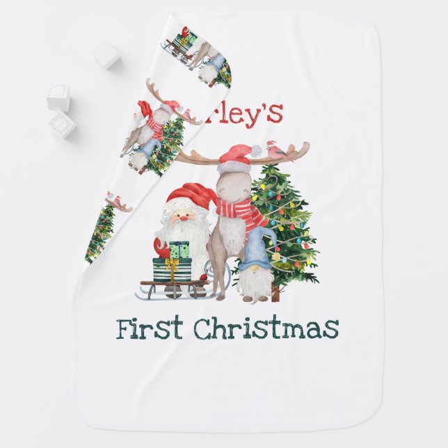 First Christmas Santa and Helpers Personalized Baby Blanket (In Situ)