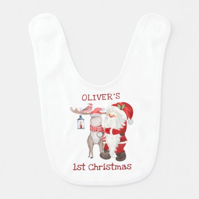 First Christmas Santa and Reindeer Moose Custom Baby Bib (Front)