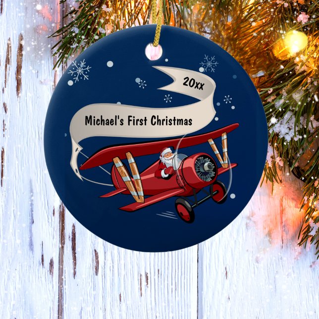 First Christmas Santa Flying Airplane Personalized Ceramic Ornament (Creator Uploaded)