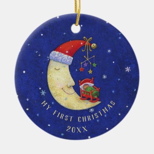 First Christmas Santa Moon w Baby Monogram Name Ceramic Ornament
