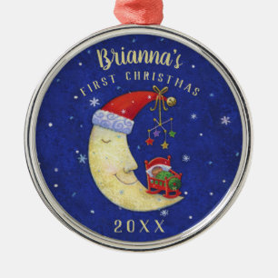 First Christmas Santa Moon w/ Baby Monogram Name Metal Ornament