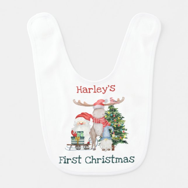 First Christmas Santa Reindeer Gonk Gnome Custom Baby Bib (Front)