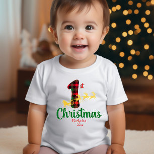 First Christmas Santa Sleigh Buffalo Plaid Name Baby T-Shirt