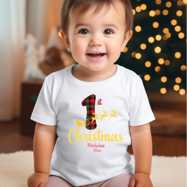 First Christmas Santa Sleigh Buffalo Plaid Name  Baby T-Shirt (Creator Uploaded)