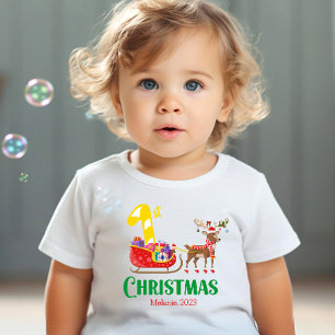 First Christmas Santa Sleigh Reindeer Name Year Baby T-Shirt