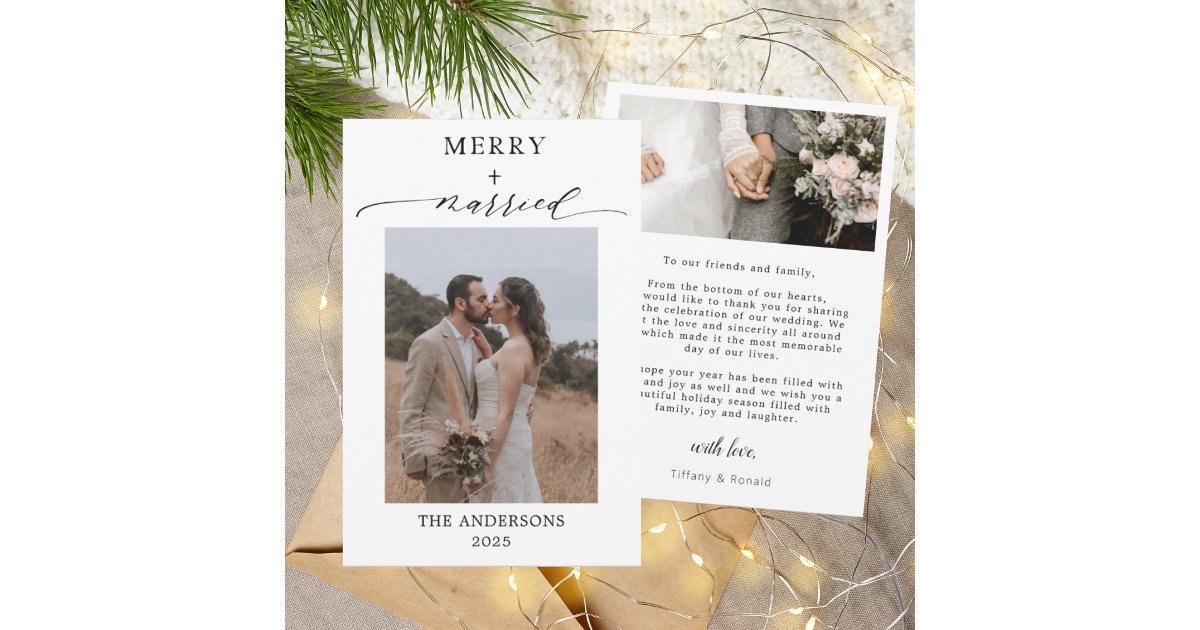 First Christmas Script First Christmas Script 2 Photos Wedding Christmas Thank You Card | Zazzle