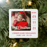 First Christmas Script Baby Birth Stats & Photo Ce Ceramic Ornament<br><div class="desc">First Christmas Script Baby Birth Stats & Photo</div>