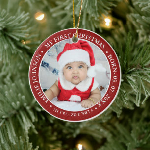 First Christmas Script Baby Birth Stats & Photo Ceramic Ornament