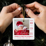 First Christmas Script Baby Birth Stats & Photo Ceramic Ornament<br><div class="desc">Announce and welcome the arrival of your new baby with our simple and modern baby photo birth announcement baby's first Christmas ornament. The design features a single photo layout to display your new baby's photo. "First Christmas" is displayed in a modern white calligraphy overlay with the date of birth displayed...</div>