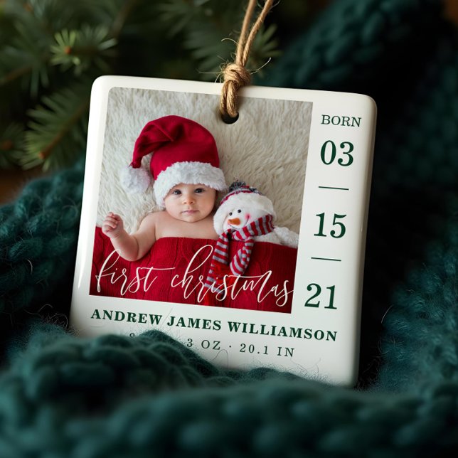 First Christmas Script Baby Birth Stats & Photo Ceramic Ornament (First Christmas Script Baby Birth Stats & Photo Ceramic Ornament)