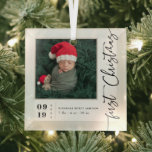 First Christmas Script Baby Birth Stats &amp; Photo Glass Ornament