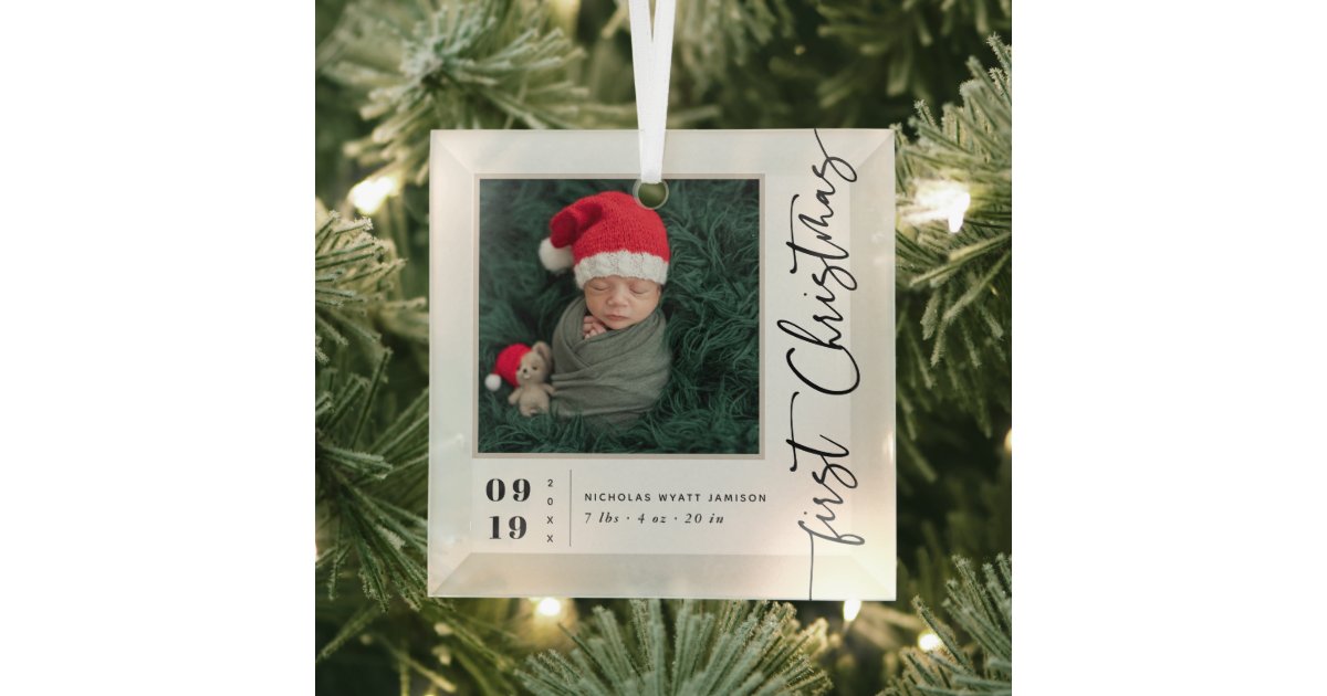 First Christmas Script First Christmas Script Baby Birth Stats & Photo Glass Ornament | Zazzle