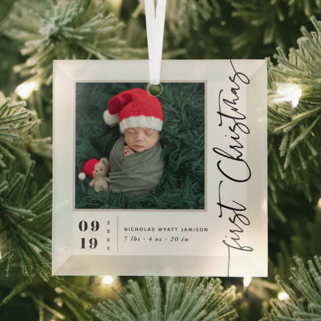 First Christmas Script First Christmas Script Baby Birth Stats & Photo Glass Ornament | Zazzle