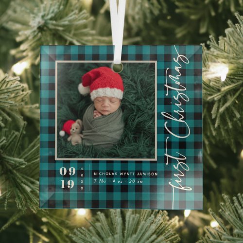 First Christmas Script Baby Birth Stats  Photo  Glass Ornament