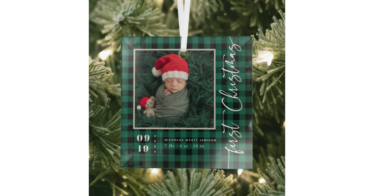 First Christmas Script First Christmas Script Baby Birth Stats & Photo Glass Ornament | Zazzle