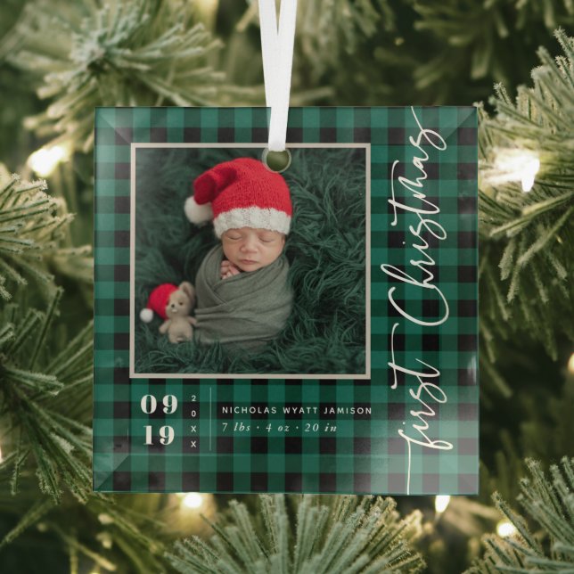 First Christmas Script Baby Birth Stats & Photo  Glass Ornament (Insitu)