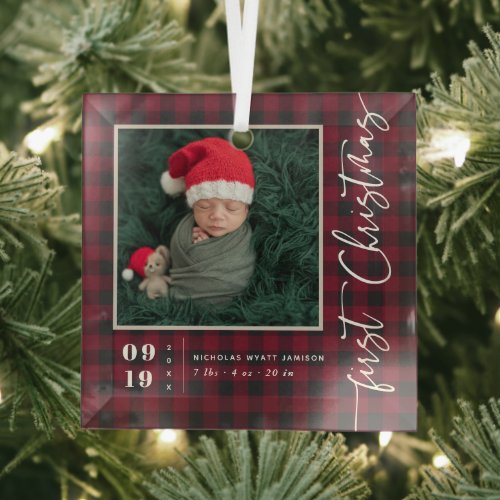 First Christmas Script Baby Birth Stats  Photo  Glass Ornament