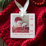 First Christmas Script Baby Birth Stats & Photo Glass Ornament<br><div class="desc">Announce and welcome the arrival of your new baby with our simple and modern baby photo birth announcement baby's first Christmas glass ornament. The design features a single photo layout to display your new baby's photo. "First Christmas" is displayed in a modern white calligraphy overlay with the date of birth...</div>