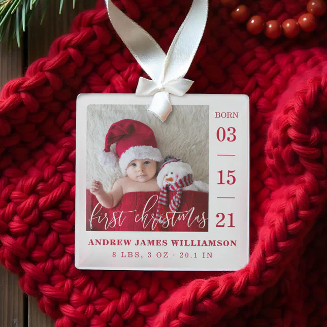 First Christmas Script First Christmas Script Baby Birth Stats & Photo Glass Ornament | Zazzle