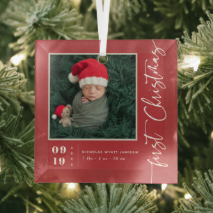 First Christmas Script Baby Birth Stats & Photo Glass Ornament