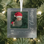 First Christmas Script Baby Birth Stats & Photo  Glass Ornament<br><div class="desc">Whether it's your first baby or a new addition to your existing family, a baby's first Christmas is a very special time for all new parents. This ornament makes the perfect gift. Personalized with name, year and your own photo. "First Christmas" is displayed in a modern calligraphy overlay that can...</div>